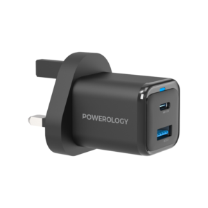 Powerology 35W PD QC 1xUSB-C 35W and 1xUSB-A 18W GaN Charger UK with USB-C Cable - Black