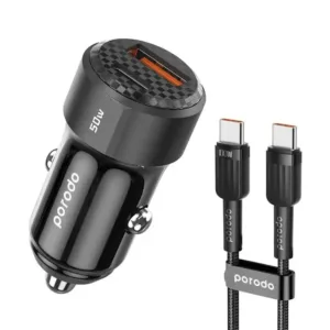 Porodo 50W Dual Port Car Charger PD 20W QC 30W with C to C Cable - Black