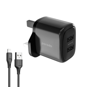 Porodo 12W Double USB 2.4A Charger UK with A-Lightning 1.2M cable - Black