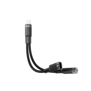 Porodo 2in1 Lightning to Lightning + 3.5 Jack Headphone and Charging Converter-Black