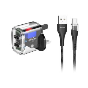 Porodo Dual Output Transparent Charger 2.4A UK with USB-A to Type-C Cable 1.2M