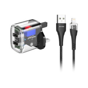 Porodo Dual Output Transparent Charger 2.4A UK with USB-A to Lightning Cable 1.2M