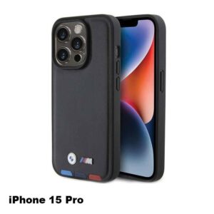BMW M PU Leather Case with Hot Stamp Tricolor Pattern for iPhone 15 Pro - Black