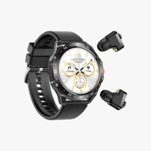Porodo Hype Smart Watch Black dial with Earbuds and Black Leather Band-Black
