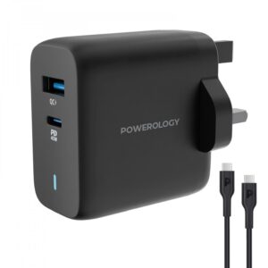 Powerology Dual Port Ultra-Quick GaN Charger QC3.0 + PD 45W  with USB-C to USB-C 60W C