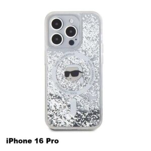 Karl Lagerfeld Magsafe Liquid Glitter Hard Case with Karl Head For iPhone 16 Pro -Transparent