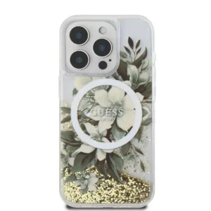 Guess Magsafe Liquid Glitter Hard Case With Flower Design For iPhone 16 Pro - Beige