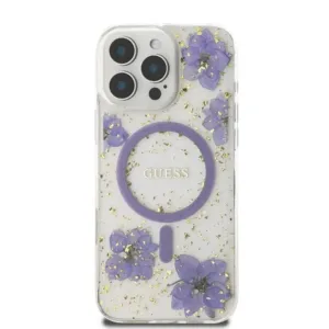 Guess Magsafe Hard Case With Resin Flowers Design For iPhone 16 Pro - PUrple