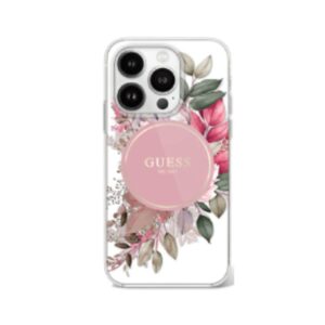 Guess Magsafe IML Transparent Hard case With Flower Design & Tonal Circle Logo Fo