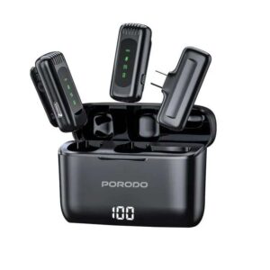 Porodo Lavalier Double Microphone with Charging Case - Black