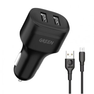 Green Dual Port Car Charger 12W with PVC Micro USB Cable 1.2M - Black
