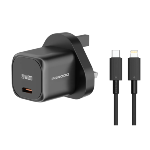 Porodo PD 20W UK Fast Charger with C to L Cable- Black