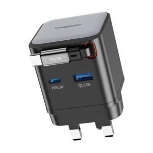 Powerology GAN PD65W Dual-Port Charger + Cable Charger with Retractable Cable - Black