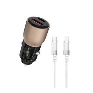 Porodo 96W Transparent USB-A+C Port Car Charger with C to L .9m Cable - Desert Titanium