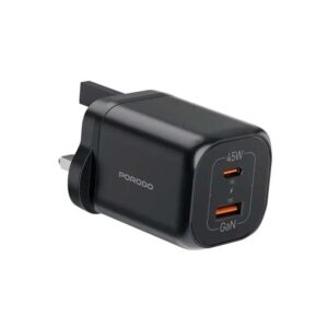 Porodo PD45W GaN Dual USB+C Fast Charger UK Plug - Black