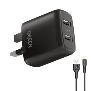 Green Dual USB Port Wall Charger 12W UK with PVC Lightning Cable 1.2M  - Black