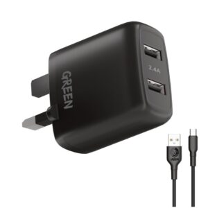 Green Dual USB Port Wall Charger 12W UK with PVC Type-C Cable 1.2M  - Black